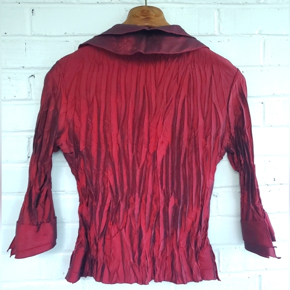Agora Taffeta Accordian-Pleat Blouse. Metallic/Iridescent Burgundy. PL - Picture 10 of 13